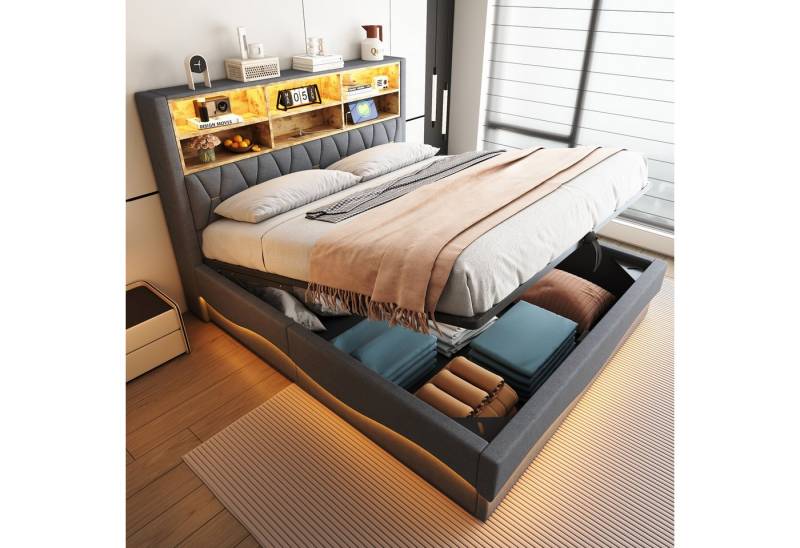 REDOM Polsterbett mit smartem LED-Lichtband per APP (Stauraumbett mit USB-Ladeanschluss und robustem Metall-Lattenrost, Hydraulisches Kinderbett 180x200 cm), ohne Matratze von REDOM