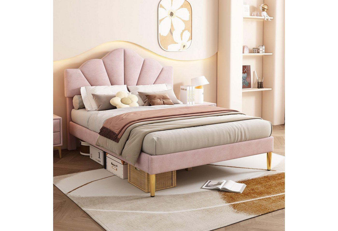 REDOM Polsterbett muschelartiges Bett (140 X 200 CM Ohne Matratze), Höhenverstellbares Kopfteil,Bett mit goldenen Eisenbeinen von REDOM