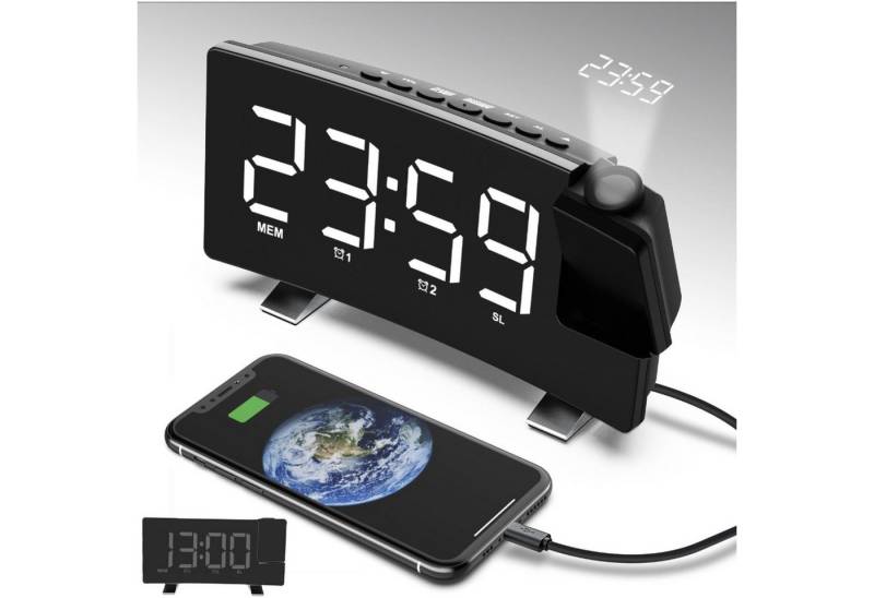 REDOM Projektionswecker Digitaler Projektionsradiowecker Funk-Projektionswecker Projektionsuhr mit Akku automatischer Helligkeitsanpassung LED-Display 180° drehbar von REDOM