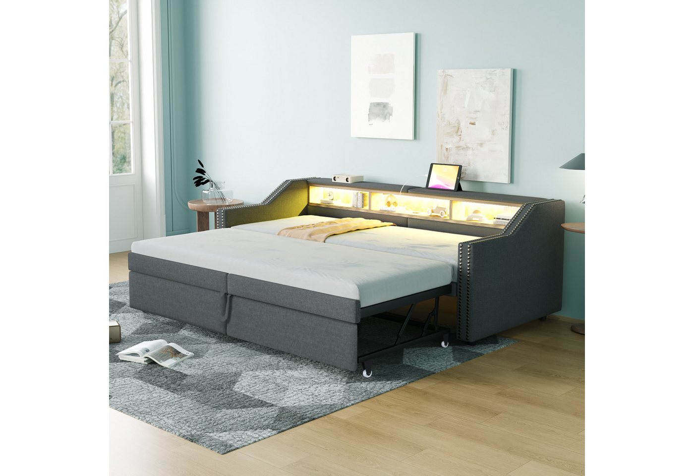 REDOM Schlafsofa Jugendbett,Funktionsbett,Polsterbett, mit USB & LED, Stauraum & Ausziehbett, für Jugendzimmer & Gäste 90/180x200 cm, ohne Matratze von REDOM