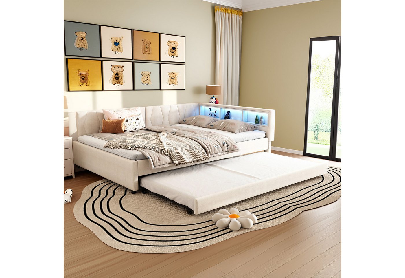 REDOM Schlafsofa Modernes Polsterbett mit LED-Beleuchtung, USB-Ladeanschluss und ausziehbarem Rollbett, Kompaktes Schlafsofa mit Stauraum, Inklusive Matratze(Hauptbett mit einer Matratze von 10 cm Höhe) REDOM Schlafsofa Modernes Polsterbett mit LED-Beleuchtung, USB-Ladeanschluss und ausziehbarem Rollbett, Kompaktes Schlafsofa mit Stauraum, Inklusive Matratze(Hauptbett mit einer Matratze von 10 cm Höhe) von REDOM