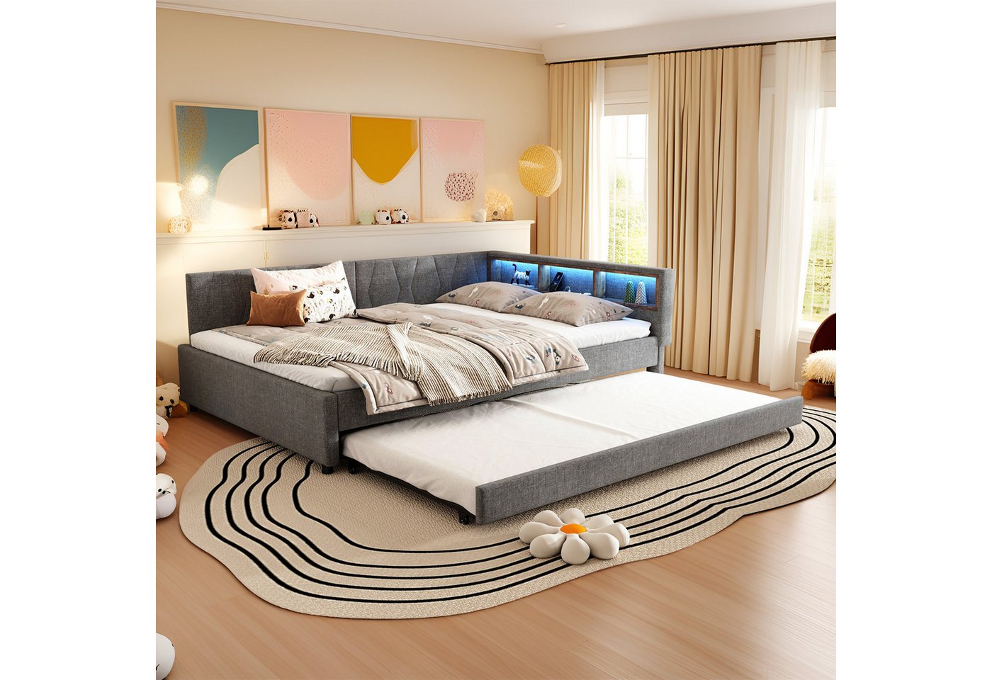REDOM Schlafsofa Modernes Polsterbett mit LED-Beleuchtung, USB-Ladeanschluss und ausziehbarem Rollbett, Kompaktes Schlafsofa mit Stauraum, Ohne Matratze REDOM Schlafsofa Modernes Polsterbett mit LED-Beleuchtung, USB-Ladeanschluss und ausziehbarem Rollbett, Kompaktes Schlafsofa mit Stauraum, Ohne Matratze von REDOM