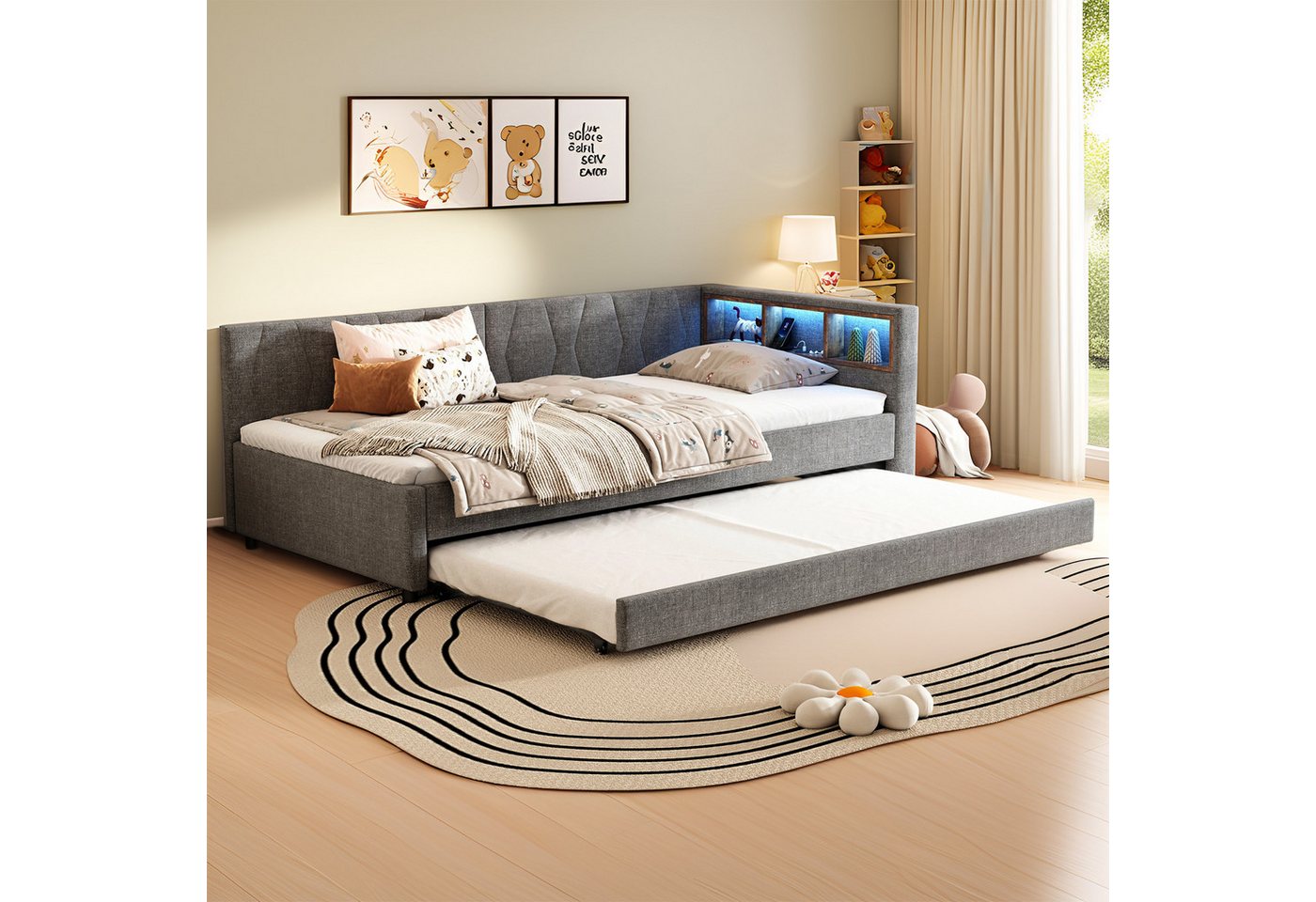 REDOM Schlafsofa Modernes Polsterbett mit LED-Beleuchtung, USB-Ladeanschluss und ausziehbarem Rollbett, Kompaktes Schlafsofa mit Stauraum, Ohne Matratze REDOM Schlafsofa Modernes Polsterbett mit LED-Beleuchtung, USB-Ladeanschluss und ausziehbarem Rollbett, Kompaktes Schlafsofa mit Stauraum, Ohne Matratze von REDOM