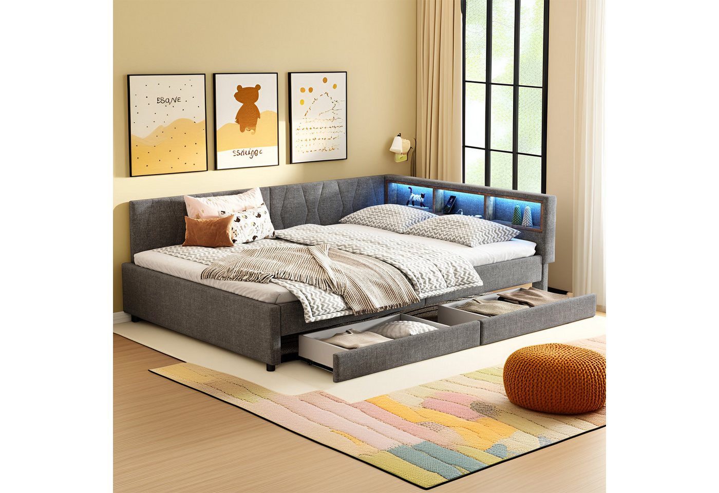 REDOM Schlafsofa Modernes Polsterbett mit LED-Beleuchtung, USB und Typ-C Ladeanschluss, Kinderbett mit Stauraum, mit Matratze REDOM Schlafsofa Modernes Polsterbett mit LED-Beleuchtung, USB und Typ-C Ladeanschluss, Kinderbett mit Stauraum, mit Matratze von REDOM