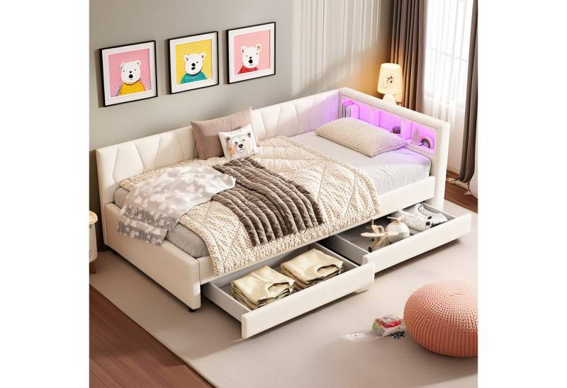 REDOM Schlafsofa Modernes Polsterbett mit LED-Beleuchtung, USB und Typ-C Ladeanschluss, Kinderbett mit Stauraum, mit Matratze von REDOM