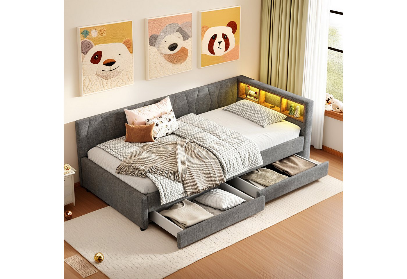 REDOM Schlafsofa Modernes Polsterbett mit LED-Beleuchtung, USB und Typ-C Ladeanschluss, Kinderbett mit Stauraum, mit Matratze REDOM Schlafsofa Modernes Polsterbett mit LED-Beleuchtung, USB und Typ-C Ladeanschluss, Kinderbett mit Stauraum, mit Matratze von REDOM