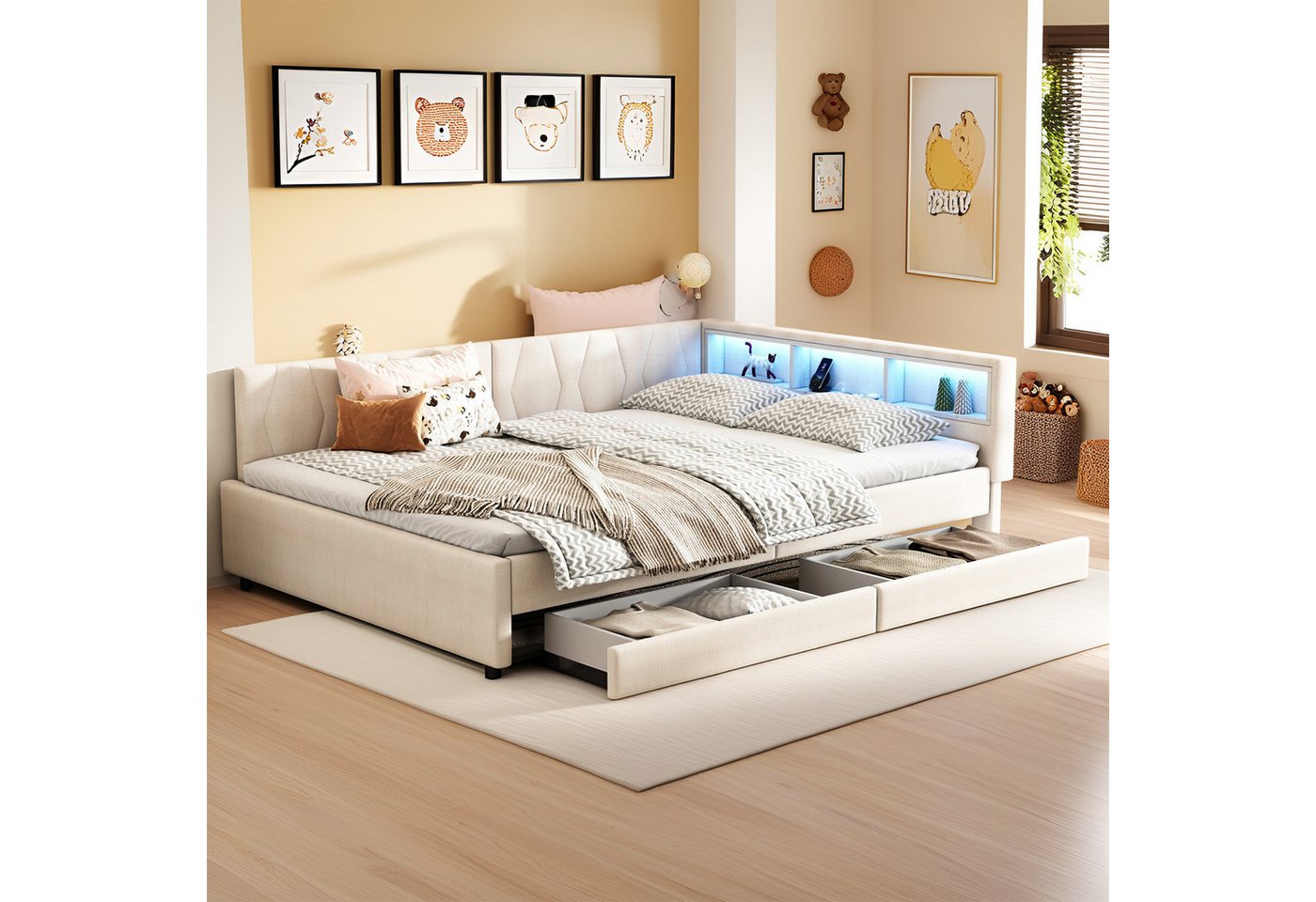 REDOM Schlafsofa Modernes Polsterbett mit LED-Beleuchtung, USB und Typ-C Ladeanschluss, Kinderbett mit Stauraum, mit Matratze REDOM Schlafsofa Modernes Polsterbett mit LED-Beleuchtung, USB und Typ-C Ladeanschluss, Kinderbett mit Stauraum, mit Matratze von REDOM