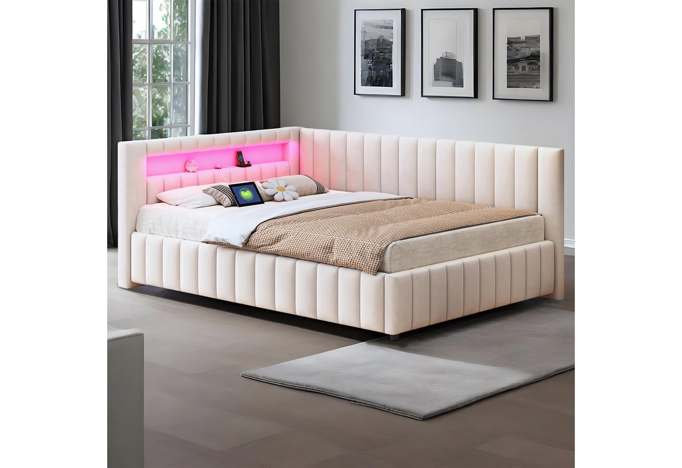 REDOM Schlafsofa Polsterbett,Funktionsbett,Jugendbett, 140x200 mit LED & USB, L-förmiges Design für Wohnzimmer & Schlafzimmer, Samtstoff mit stabilem Lattenrost & Kopfteil, Ohne Matratze REDOM Schlafsofa Polsterbett,Funktionsbett,Jugendbett, 140x200 mit LED & USB, L-förmiges Design für Wohnzimmer & Schlafzimmer, Samtstoff mit stabilem Lattenrost & Kopfteil, Ohne Matratze von REDOM