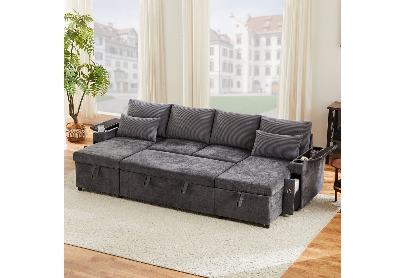 REDOM Schlafsofa Schlafsofa 272x131x84 cm mit Stauraum und Getränkehaltern – grau, Set 1 Teile, Viersitzer-Schlafsofa in U-Form mit Getränkehalter von REDOM