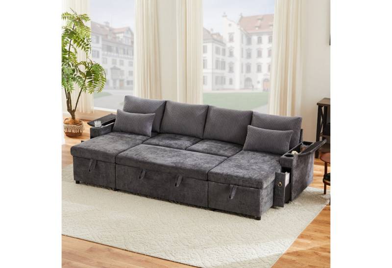 REDOM Schlafsofa Schlafsofa 272x131x84 cm mit Stauraum und Getränkehaltern – grau, Set 1 Teile, Viersitzer-Schlafsofa in U-Form mit Getränkehalter von REDOM