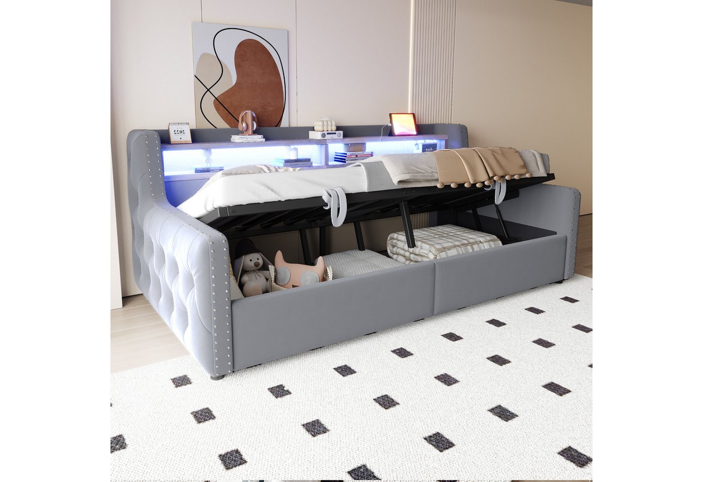REDOM Schlafsofa mit LED-Beleuchtung, hydraulischem Stauraum, Ablagefach, mit Steckdose, Ladeanschluss und dicker Rückenlehne, Funktionsbett Polsterbett 90x200 cm, Inklusive Matratze REDOM Schlafsofa mit LED-Beleuchtung, hydraulischem Stauraum, Ablagefach, mit Steckdose, Ladeanschluss und dicker Rückenlehne, Funktionsbett Polsterbett 90x200 cm, Inklusive Matratze von REDOM