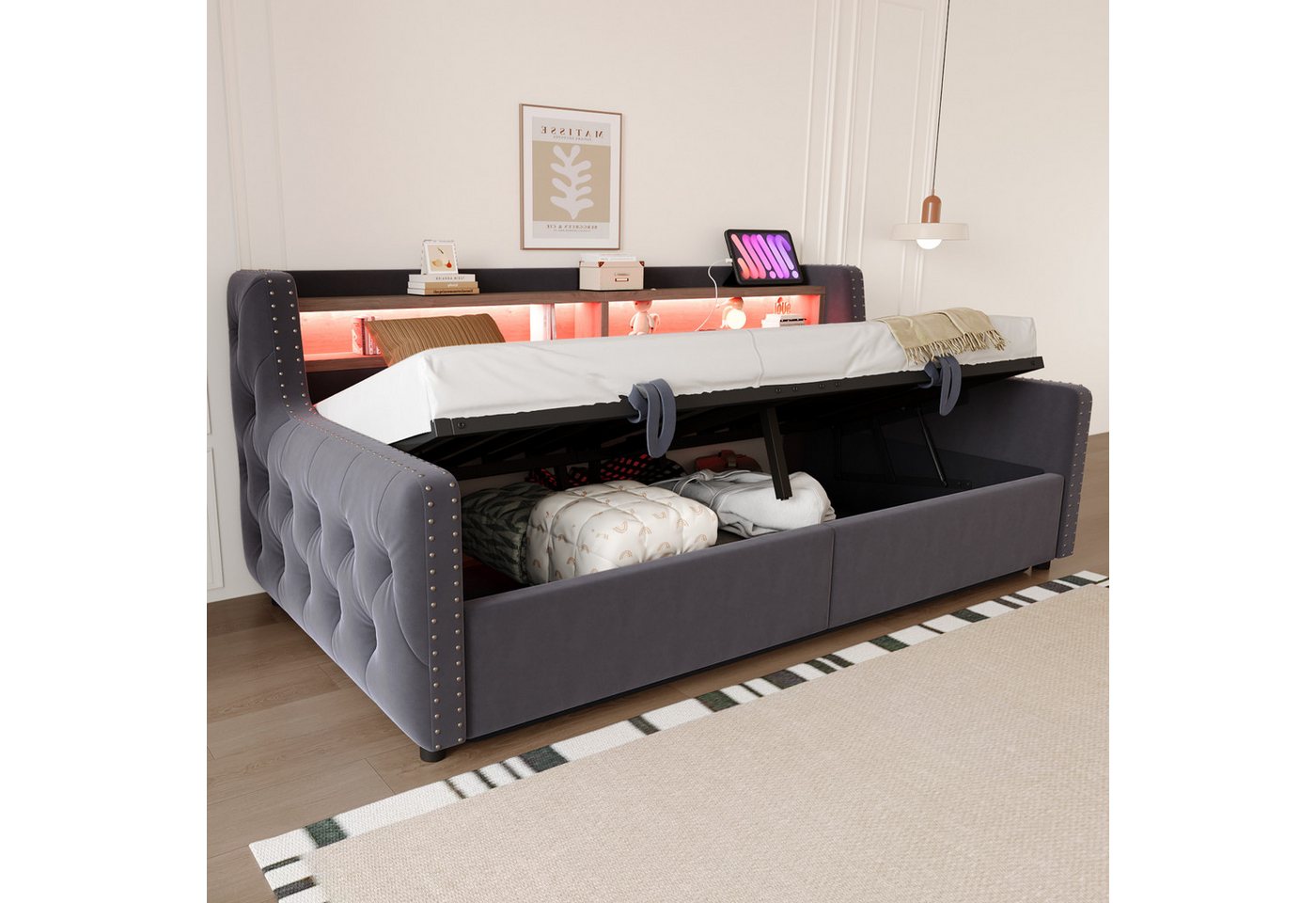 REDOM Schlafsofa mit LED-Beleuchtung, hydraulischem Stauraum, Ablagefach, mit Steckdose, Ladeanschluss und dicker Rückenlehne, Funktionsbett Polsterbett 90x200 cm, Inklusive Matratze REDOM Schlafsofa mit LED-Beleuchtung, hydraulischem Stauraum, Ablagefach, mit Steckdose, Ladeanschluss und dicker Rückenlehne, Funktionsbett Polsterbett 90x200 cm, Inklusive Matratze von REDOM