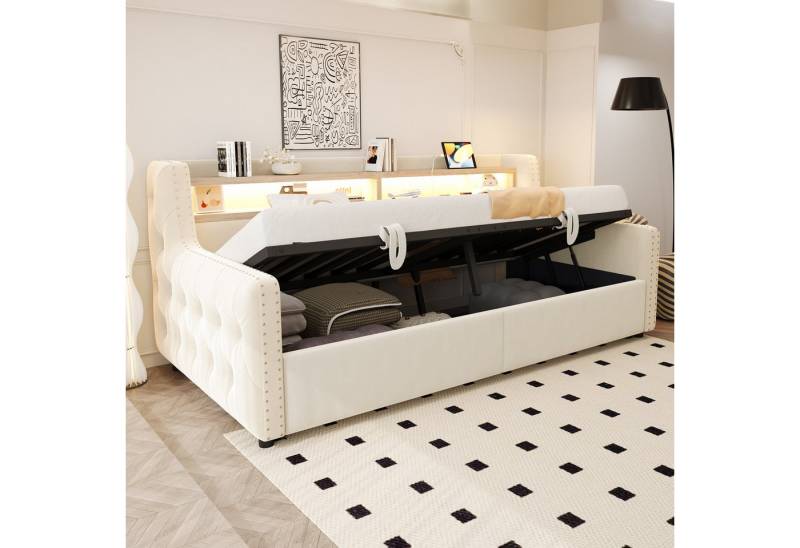 REDOM Schlafsofa mit LED-Beleuchtung, hydraulischem Stauraum, Ablagefach, mit Steckdose, Ladeanschluss und dicker Rückenlehne, Funktionsbett Polsterbett 90x200 cm, Inklusive Matratze REDOM Schlafsofa mit LED-Beleuchtung, hydraulischem Stauraum, Ablagefach, mit Steckdose, Ladeanschluss und dicker Rückenlehne, Funktionsbett Polsterbett 90x200 cm, Inklusive Matratze von REDOM