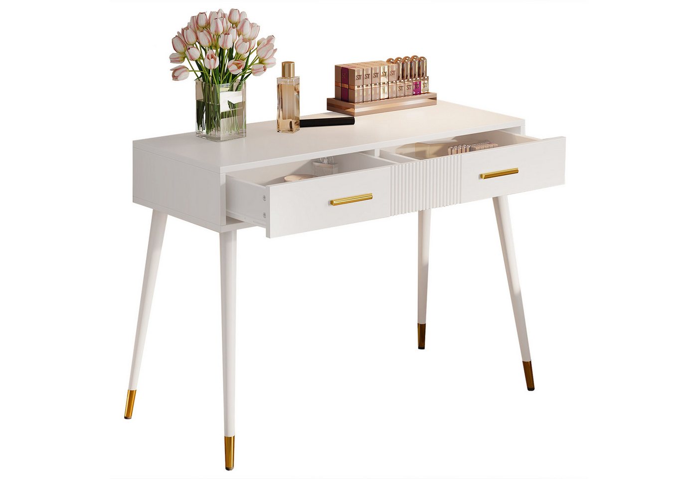 REDOM Schminktisch Kosmetiktisch,Frisiertisch (Schminktisch mit 2 Schubladen & goldenen Metallfüßen – Weißer Frisiertisch für Schlafzimmer & Homeoffice – Modernes Design für Damen & Singles – Maße: 100×40×76 cm, B100/D40/H76 cm) REDOM Schminktisch Kosmetiktisch,Frisiertisch (Schminktisch mit 2 Schubladen & goldenen Metallfüßen – Weißer Frisiertisch für Schlafzimmer & Homeoffice – Modernes Design für Damen & Singles – Maße: 100×40×76 cm, B100/D40/H76 cm) von REDOM
