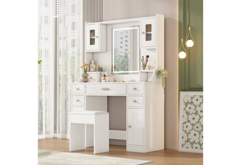 REDOM Schminktisch Kosmetiktisch,Frisiertisch (Schminktisch mit LED-Beleuchtung & eingebauten Steckdosen – 6 Schubladen, 4 Türen, HD-Spiegel & Föhnhalter – Weiß, 105×152×40 cm, 1-St., B105/D40/H152 cm), Mit Kippsicherung von REDOM