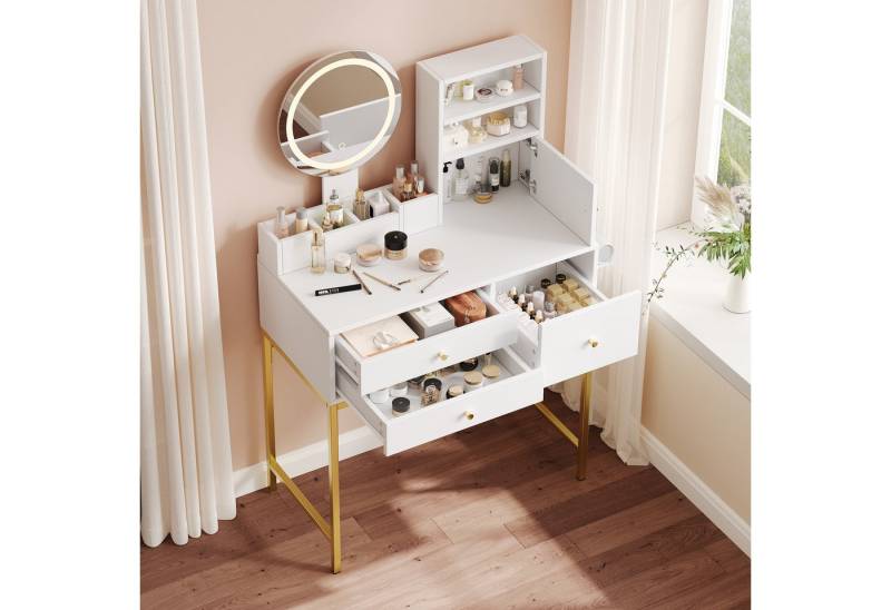 REDOM Schminktisch Kosmetiktisch,Frisiertisch (mit LED-Spiegel, Steckdose & Stauraum – für Beauty-Lovers, Teenager & kleine Schlafzimmer – inkl. Föhnhalter & 3 Lichtmodi, 1-St., B80D40/H134 cm) von REDOM