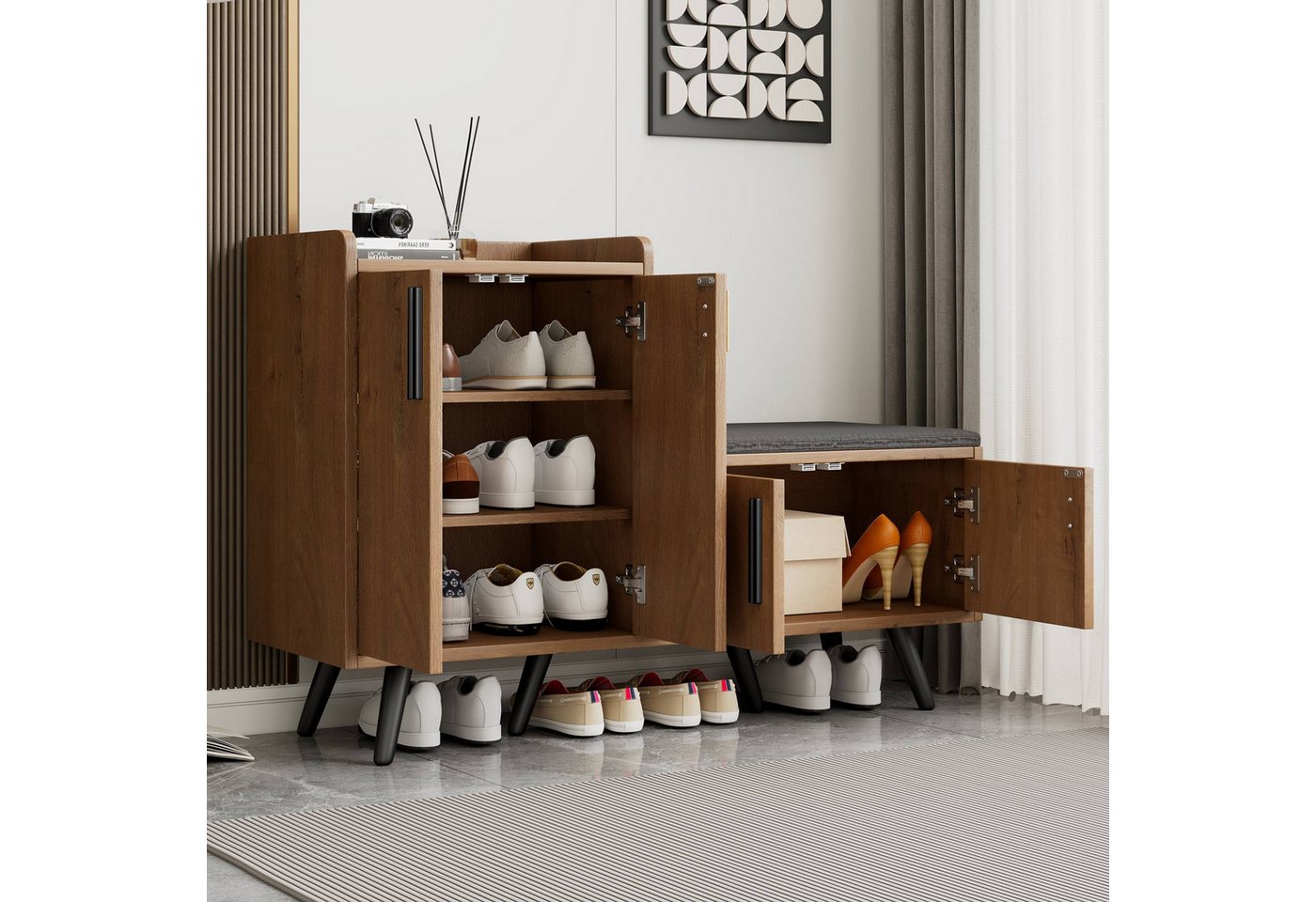 REDOM Schuhbank Für Flur, Wohnzimmer & Schlafzimmer (Moderner Schuhschrank mit 4 Türen und Sitzpolsterung – Minimalistisches Design mit asymmetrischen Metallgriffen., 1-St), mit Sitzbank, verstellbare Böden, asymmetrischen Metallgriffen von REDOM
