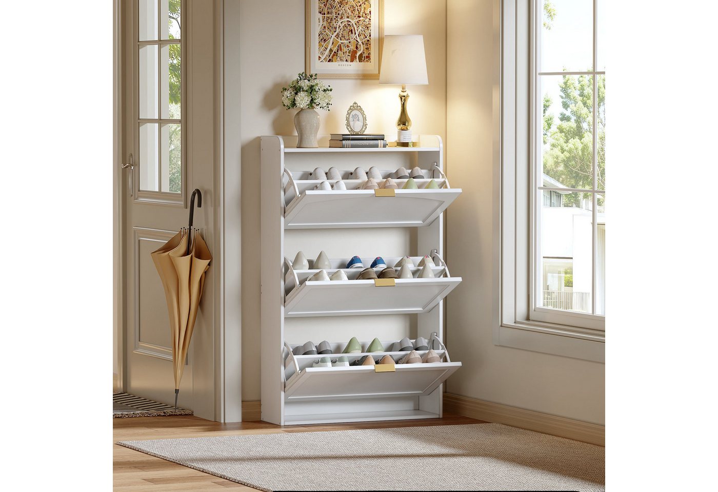 REDOM Schuhregal Schuhkipper mit 3 Klappen, Platzsparender Schuhschrank in Weiß, multifunktional, mit Kippsicherung 1-tlg., 3 umklappbare Schuhregale, Metallgriff REDOM Schuhregal Schuhkipper mit 3 Klappen, Platzsparender Schuhschrank in Weiß, multifunktional, mit Kippsicherung 1-tlg., 3 umklappbare Schuhregale, Metallgriff von REDOM