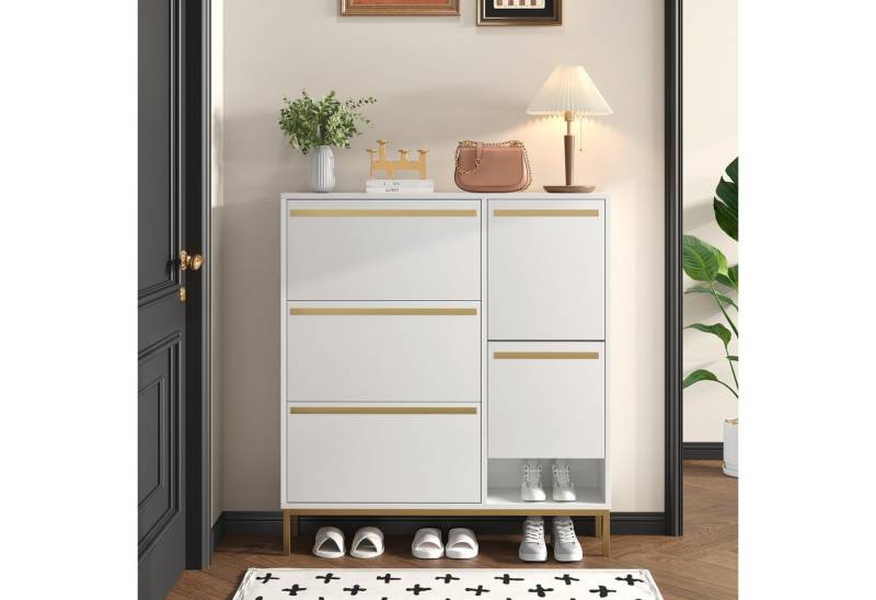 REDOM Schuhschrank Eleganter Schuhschrank mit 15–22 Paar Schuhkapazität (getrennte Fächer, Inlay und goldenen Füßen) integriertem Schuhwechselhocker von REDOM