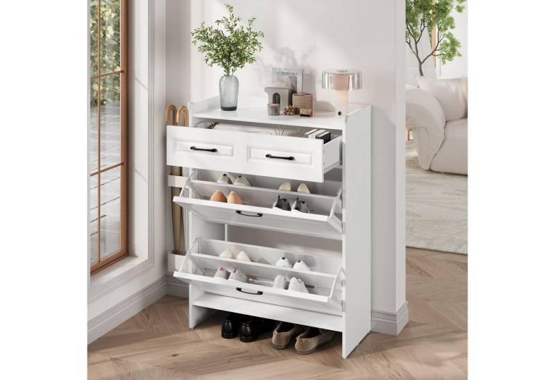 REDOM Schuhschrank Schuhkommode Weiß mit Klapptüren und Schublade (Schuhregal, 1-St., 80*34*107.5cm) mit 4 Fächern und 1 Schublade, geeignet für 8–12 Paar Schuhe von REDOM