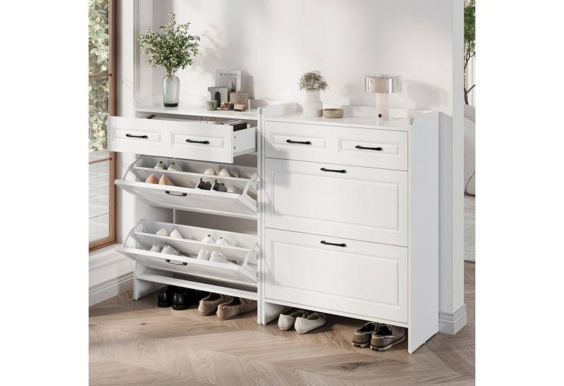REDOM Schuhschrank Schuhkommode Weiß mit Klapptüren und Schublade (Schuhregal, 2-St., 80*34*107.5cm) mit 4 Fächern und 1 Schublade, geeignet für 8–12 Paar Schuhe von REDOM