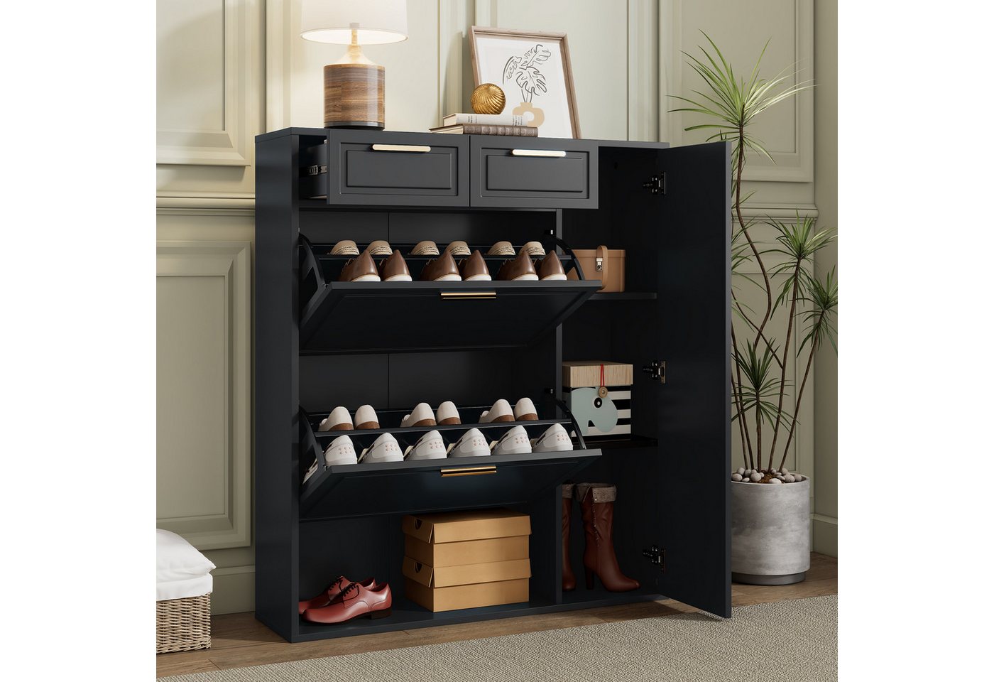 REDOM Schuhschrank für Flure und Eingangsbereiche (Schwarzer Schuhschrank mit verstellbaren Regalen, goldenen Griffen & Schubladen, für 10-15 Paar Schuhe, multifunktional, 1-St., 2 Schubladen, 3 Türen, 1 offene Fach) mit verstellbaren Regalen von REDOM