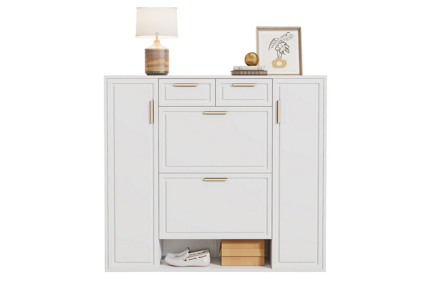 REDOM Schuhschrank für Flure und Eingangsbereiche (Schuhregal, Schuhkommode, Klappschuhschrank, 1-St., 2 Schubladen, 4 Türen, 1 offene Fach) mit verstellbaren Regalen von REDOM