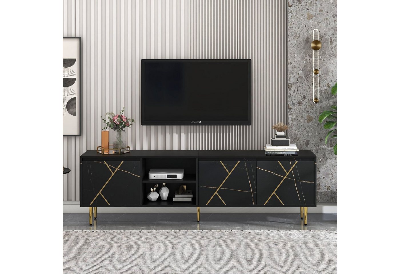 REDOM Sideboard (TV-Schrank für 90-Zoll-Fernseher mit 3 Türen, Großer 200x35x60 cm), modernem Schwarz-Gold-Design von REDOM