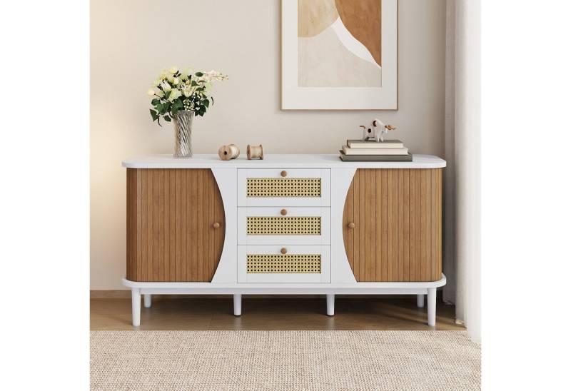 REDOM Sideboard 140 cm Weiß Holzoptik Kommode mit Rattanschubladen (Anrichte, Highboard, 1 St., Wohnzimmerschrank mit 2 Türen und 3 Schubladen), Pflegeleichte von REDOM