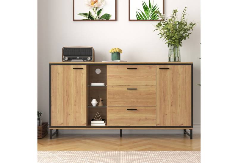 REDOM Sideboard 160 cm Holzoptik LED Kommode (Anrichte mit 16 Farben Lichtwechsel Buffet, 160 L x 40 B x 85 H(cm), Esszimmer Aufbewahrungsschrank von REDOM