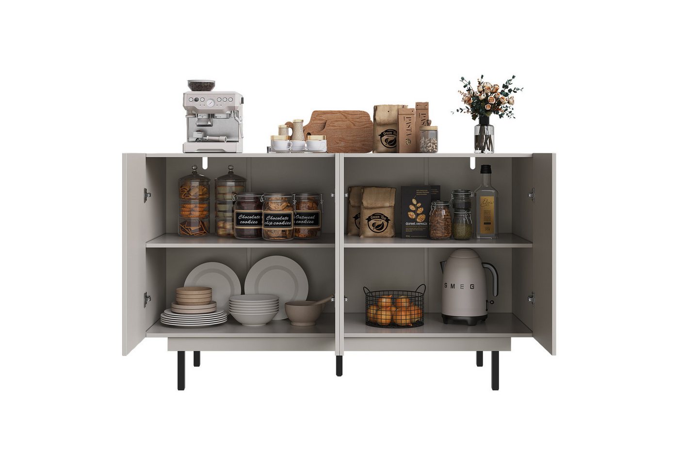 REDOM Sideboard Anrichte,Küchenschrank (Esszimmer-Schrank 140x38,5x82,5cm – Minimalistisches Sideboard, Grifflose Türen, Robustes MDF-Design mit Anti-Kipp-Schutz, Perfekt, 140×38,5×82,5cm), mit 4 Schranktüren, verstellbaren Fächern von REDOM