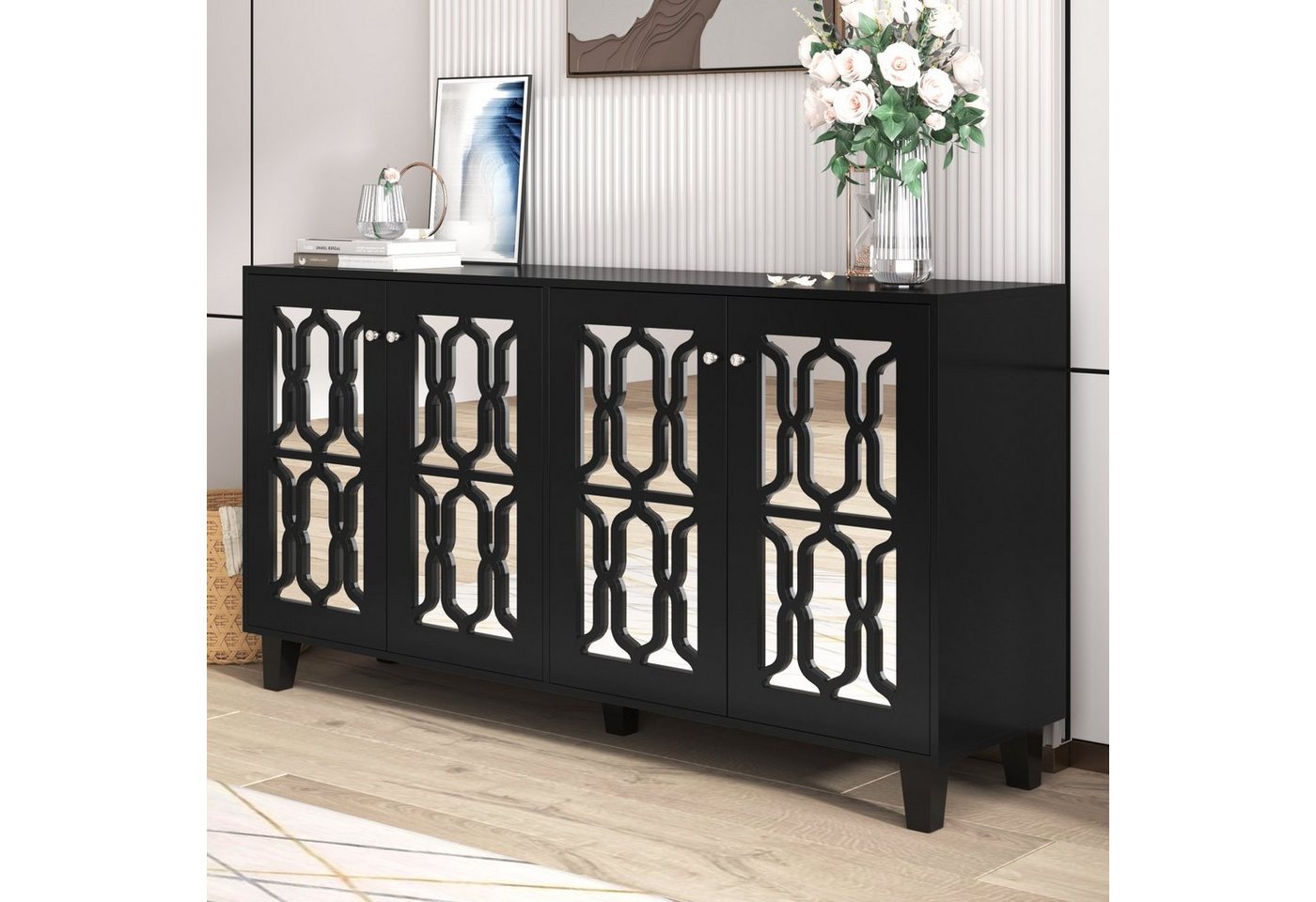 REDOM Sideboard Anrichte (mit Spiegelelementen und geometrischem Trellis-Muster, Anrichte, B/H/T: 1160 x 84x 40 cm), Kommode mit vier Schubladen und Spiegelfront von REDOM