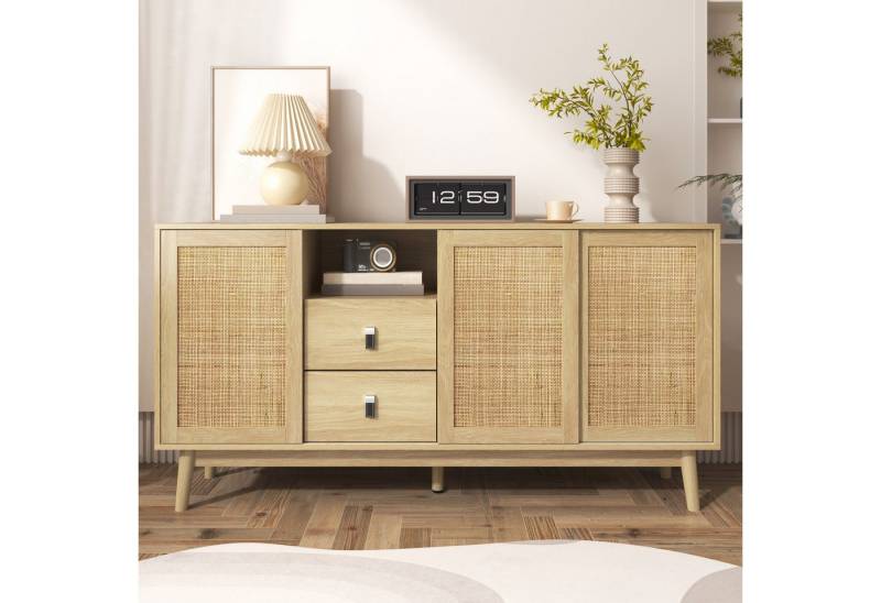 REDOM Sideboard Anrichte Lowboard mit 2 Schubladen 3 Fächern (Wohnzimmerschrank, Kommode, 1 St., Aufbewahrungsschrank 155cm), elegantes Design, Rattan-Schiebetüren, Massivholzfüßen von REDOM