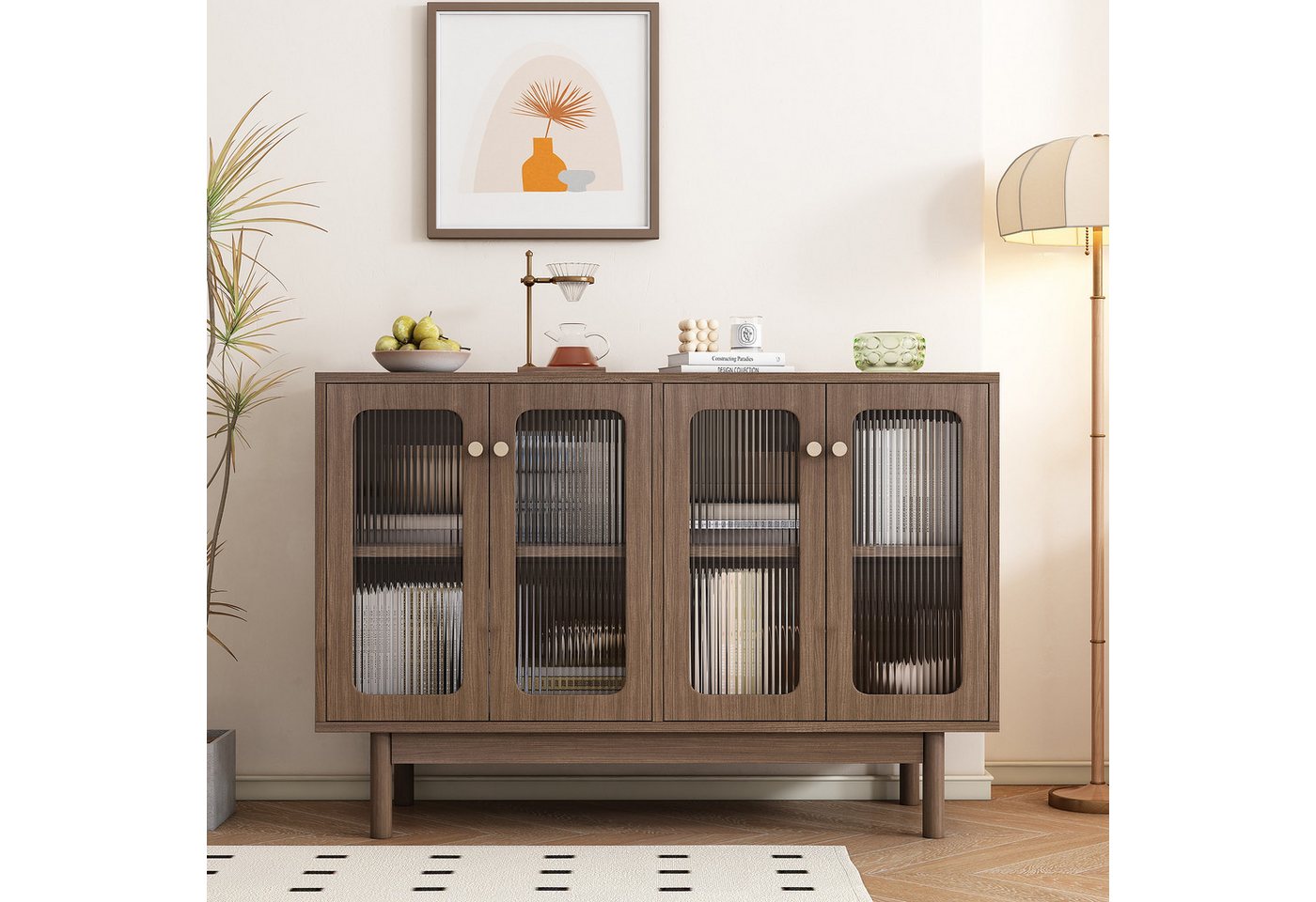 REDOM Sideboard Aufbewahrungsschrank Kommode (4 Glastüren), mit vertikalen Streifen,Glasvitrine,120*40*82cm von REDOM