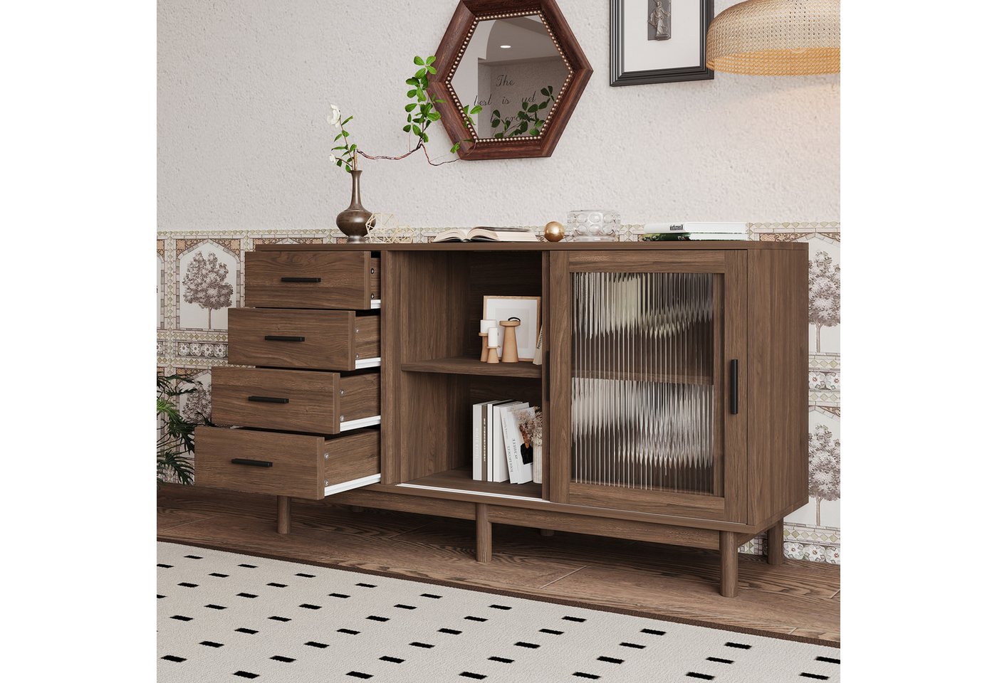 REDOM Sideboard Aufbewahrungsschrank Kommode (4 Schubladen, 2 Glastüren), aus Spanplatte mit Glasvitrine, 140*40*75.8 cm von REDOM