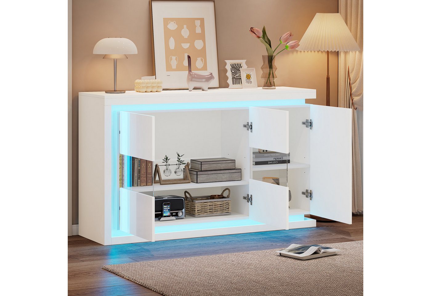 REDOM Sideboard Durchdachte Aufbewahrung,3 Schichten & verstellbare (Beistellschrank, Wohnzimmerschrank, 1 St., mit Glastüren,One-Touch Beleuchtung), Hochglanz-LED-Sideboard von REDOM