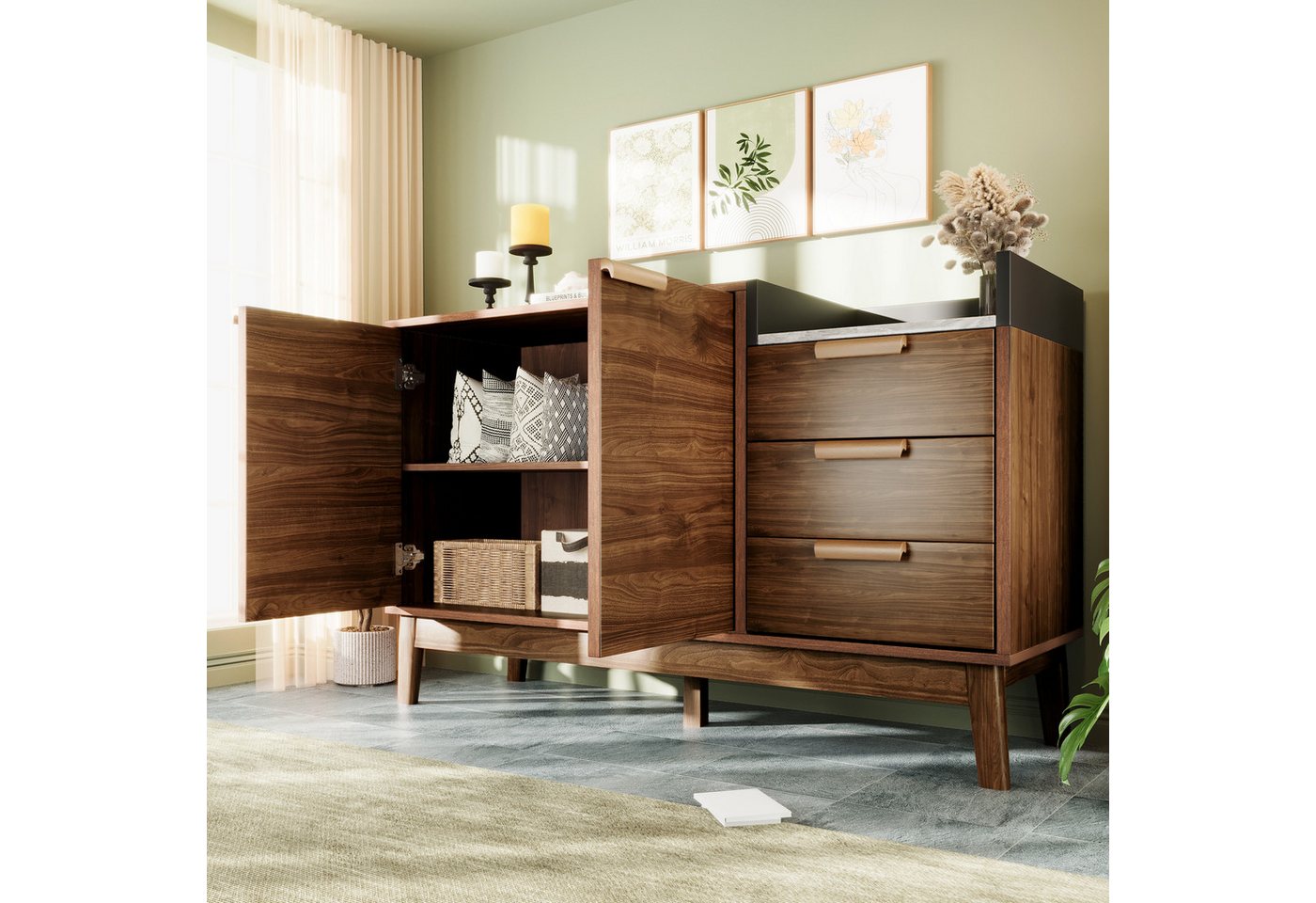 REDOM Sideboard Eiche mit Marmoroptik (Kommode, 1 St., Offene Ablage, 3 Schubladen, 2 Türen (innen höhenverstellbar), Massivholzbeine, kehrroboterfähig von REDOM