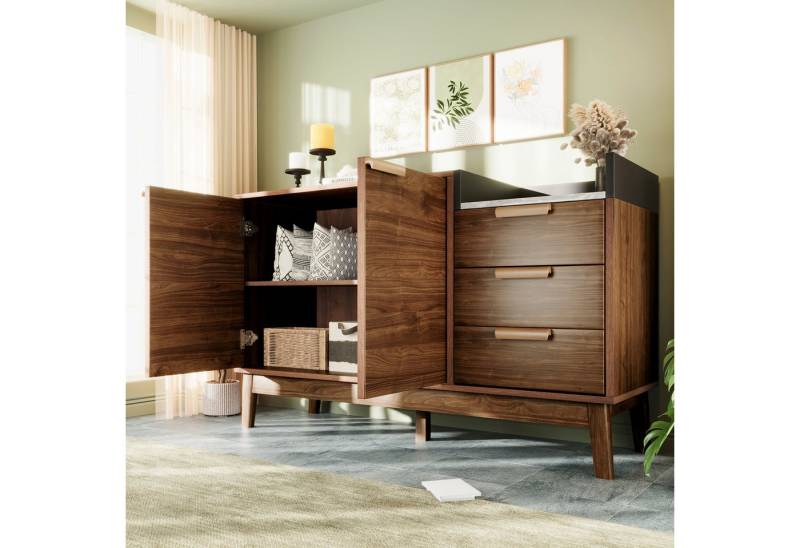 REDOM Sideboard Eiche mit Marmoroptik (Kommode, 1 St., Offene Ablage, 3 Schubladen, 2 Türen (innen höhenverstellbar), Massivholzbeine, kehrroboterfähig von REDOM