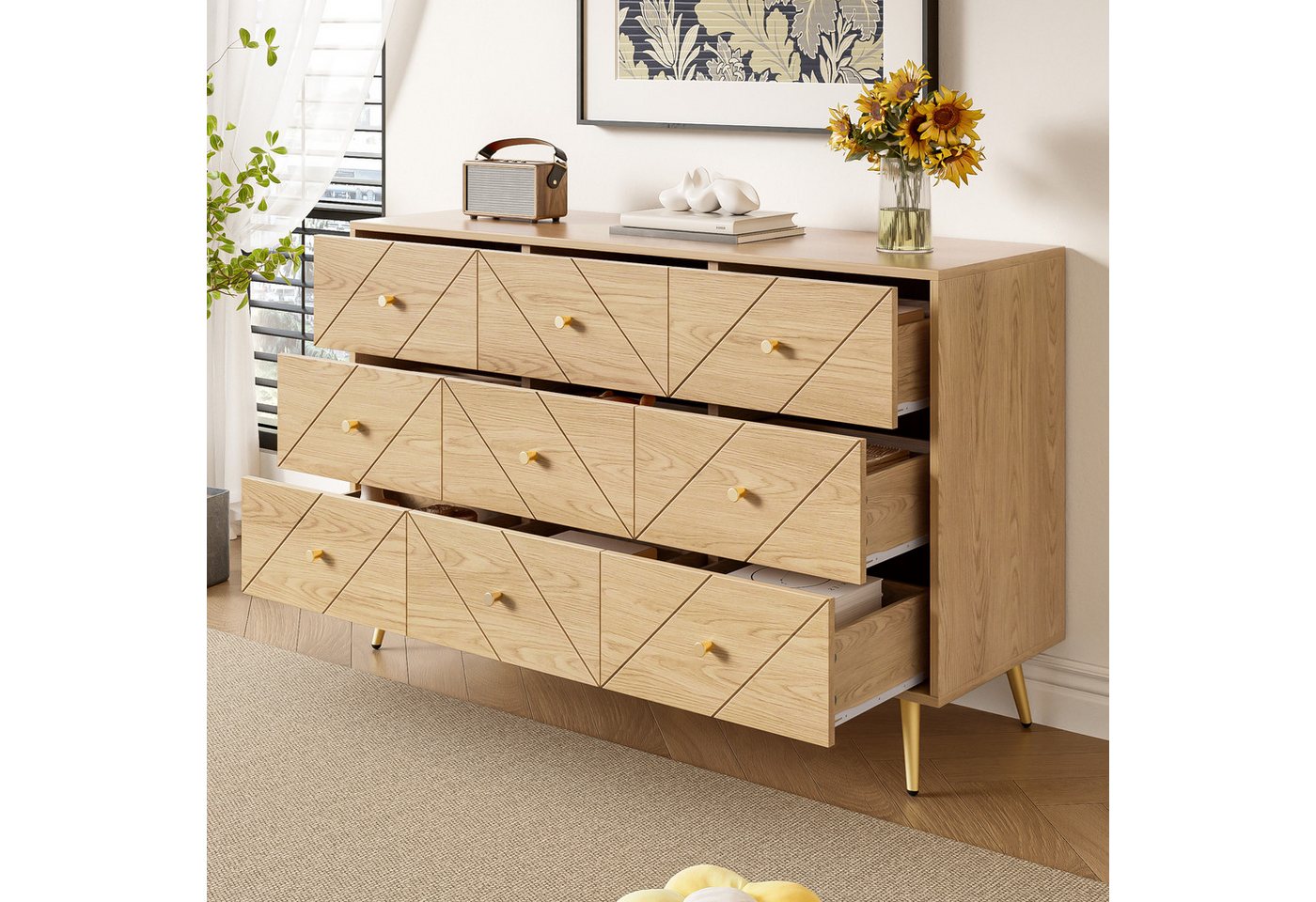 REDOM Sideboard Eisenbeine, geometrische Muster (Kommode, Buffetschrank, Anrichte, 1 St., 9 Schubladen), mit geometrischen Mustern von REDOM