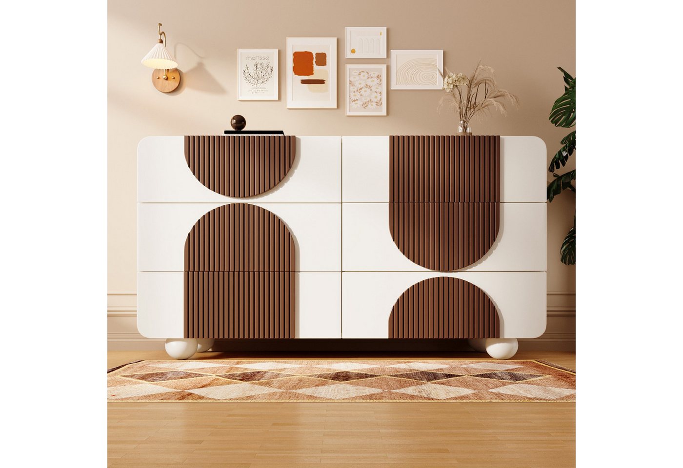 REDOM Sideboard Elegantes Weiß Anrichte (Kommode, geschwungenes Beistellschrank, 1 St., Leise Schiebe-Schubladen, Kippsicherung), mit schokoladenfarbene Akzente von REDOM