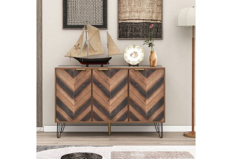 REDOM Sideboard Exklusives Sideboard mit 3 Türen und verstellbaren Fächern (Pflegeleicht und Vielseitig, mit Eisenfüßen), Holz und Gold von REDOM