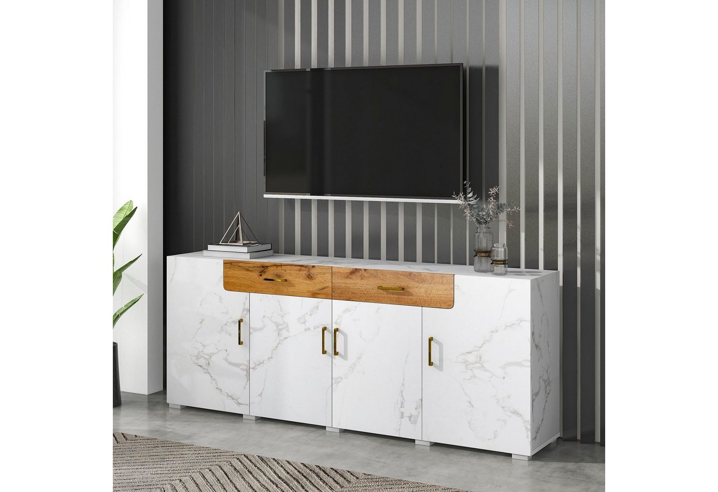 REDOM Sideboard Highboard (Aufbewahrungsschrank), 2 Schubkästen, Kommode mit 4 Türen von REDOM