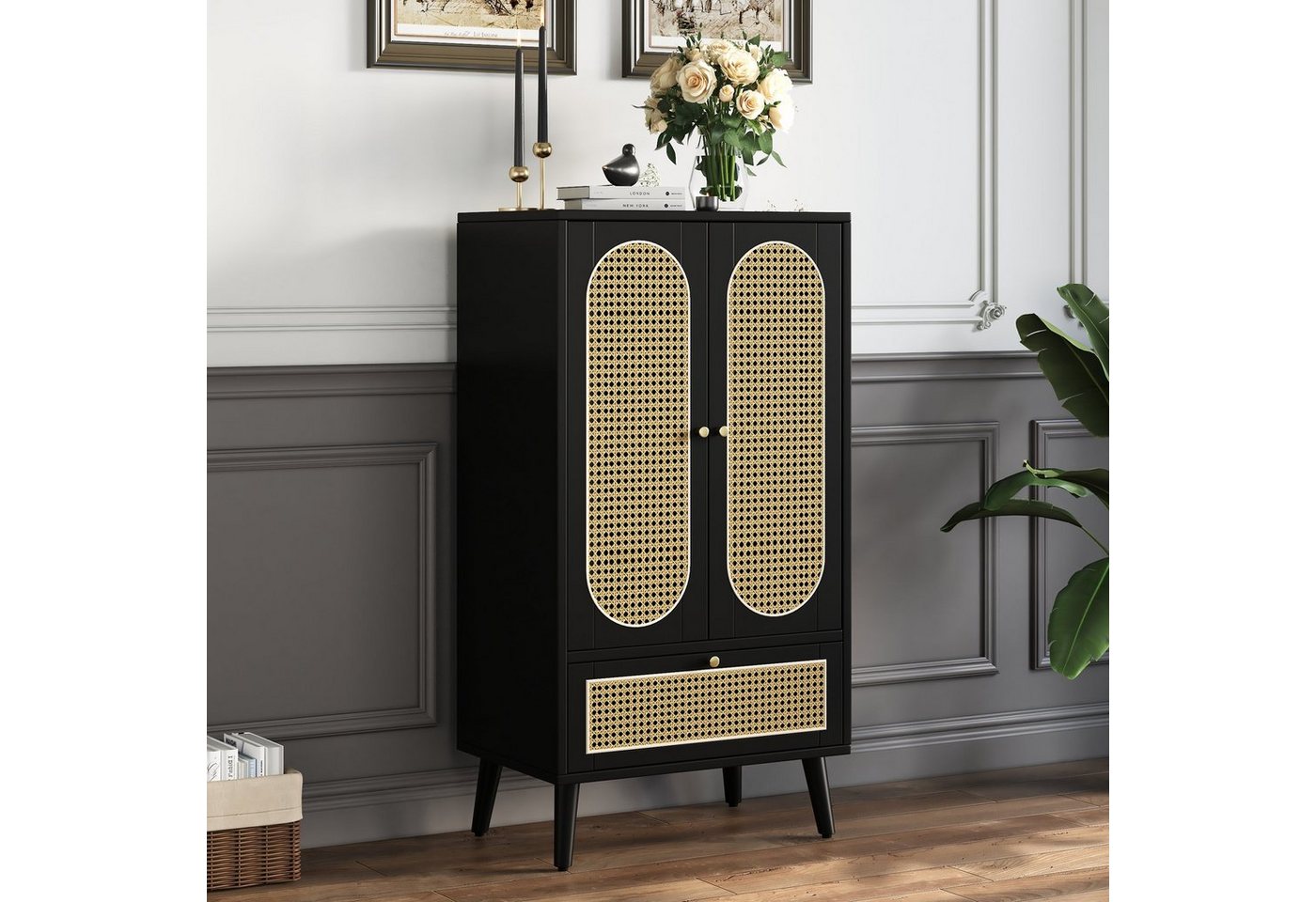 REDOM Sideboard Highboard Esszimmerschrank Bücherregal Rattan-Design, mit 2 Türen, 1 Schublade von REDOM