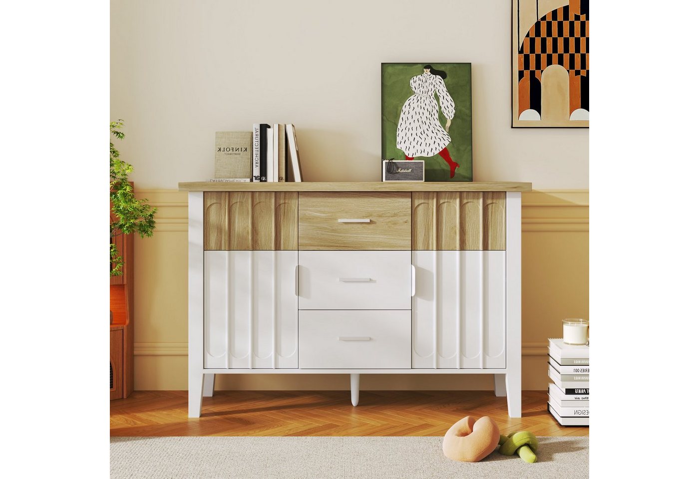 REDOM Sideboard Kommode (Landhausstil Sideboard), Design in Weiß und Holzfarbe, 120 x 40 x 80 cm von REDOM