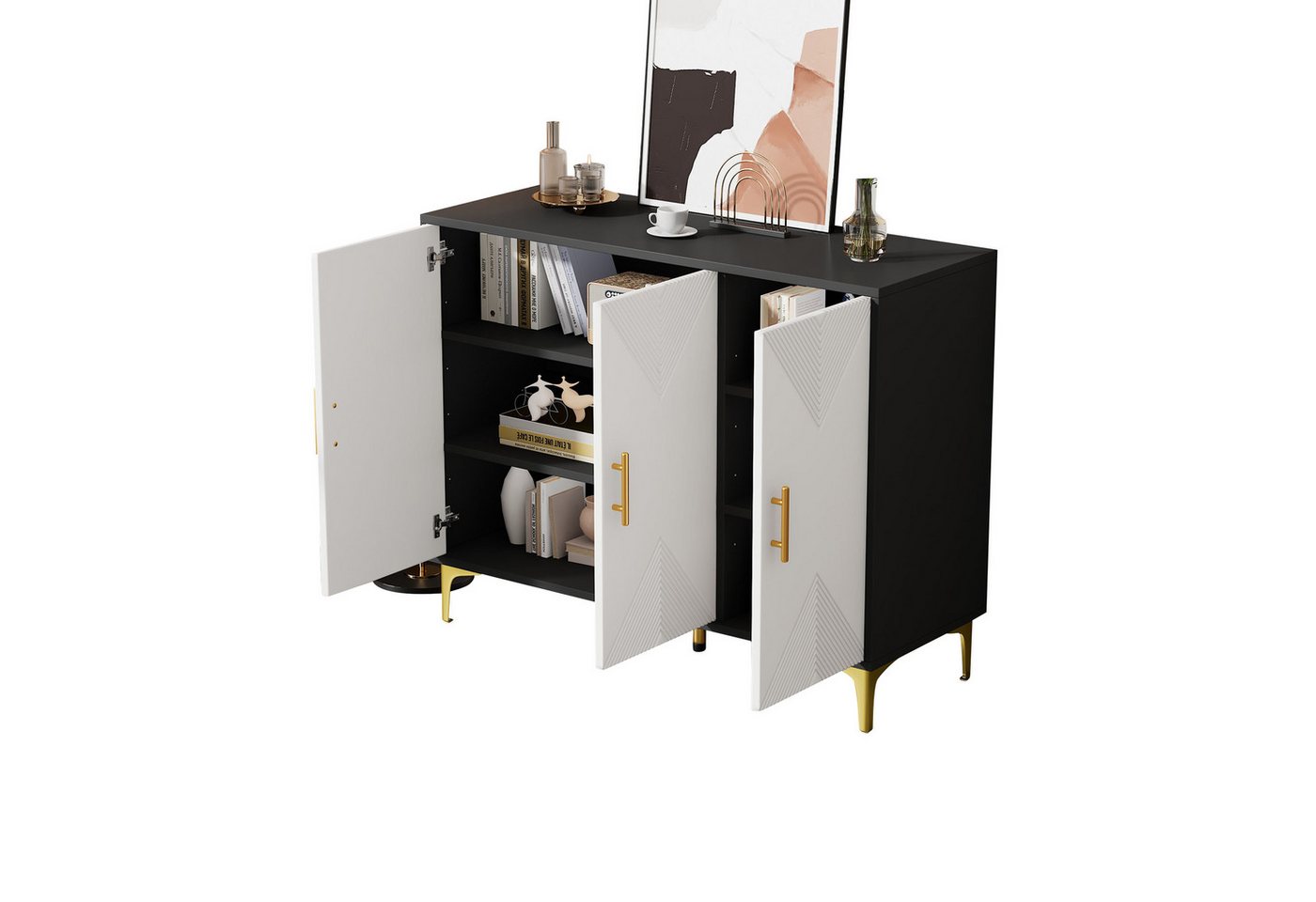 REDOM Sideboard Kommode Anrichte Highboard mit gerillten Türen (Anrichte, Wohnzimmerschrank, Aufbewahrungsschrank, 1 St., 3 Türen), mit matt gestreiften Türen, Anti-Kipp-Mechanismus von REDOM