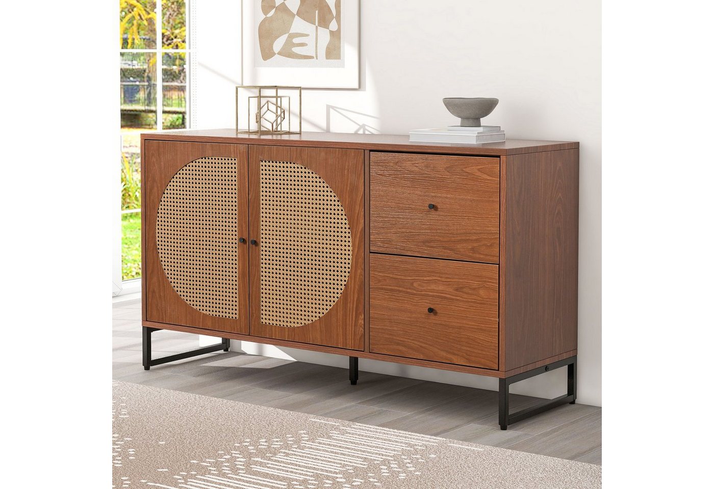 REDOM Sideboard Kommode Mehrzweckschrank (mit 2 Rattan verzierten Türen und 2 Schubladen Kommode Küchenschrank), Highboard mit Metallgriffe von REDOM