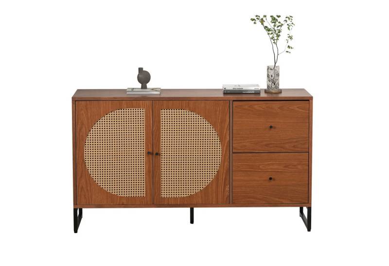 REDOM Sideboard Kommode Mehrzweckschrank (mit 2 Rattan verzierten Türen und 2 Schubladen Kommode Küchenschrank), Highboard mit Metallgriffe von REDOM