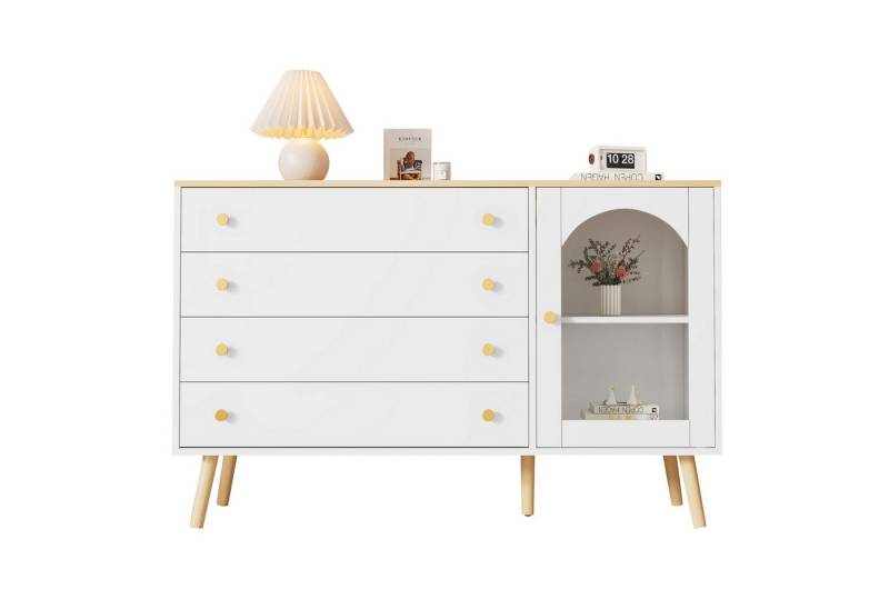 REDOM Sideboard Kommode Schrank mit Bogentüren Flurschrank (Kommode, Anrichte, Wohnzimmerschrank, Küchenschränke, 1 St., 4 breite Schubladen, 1 gewölbten Türen), mit gehärtetem Glas, moderner Stil von REDOM