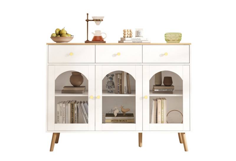 REDOM Sideboard Kommode Schrank mit Bogentüren Flurschrank (Kommode, Anrichte, Wohnzimmerschrank, Küchenschränke, 1 St., mit 3 Schubladen und 3 gewölbten Türen), mit gehärtetem Glas, moderner Stil von REDOM