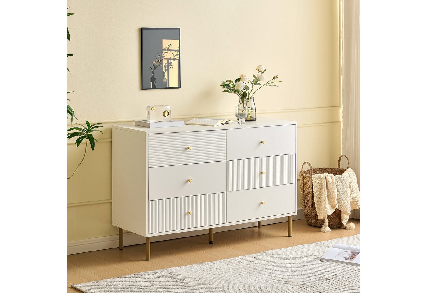 REDOM Sideboard Kommode Weiß Anrichte (Esszimmerschrank, Wohnzimmerschrank, 1 St., 6-Schubladen-Kommode), mit goldfarbenen Griffen von REDOM